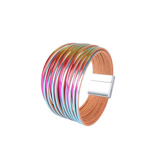 Viwind Lederarmband Damen Mädchen Boho Armband Damen Leder Mehrschichtig Armbänder Magnetverschluss Kette Frauen Armband Wickelarmband Freundschaftsarmbänder (Regenbogenblau) von Viwind