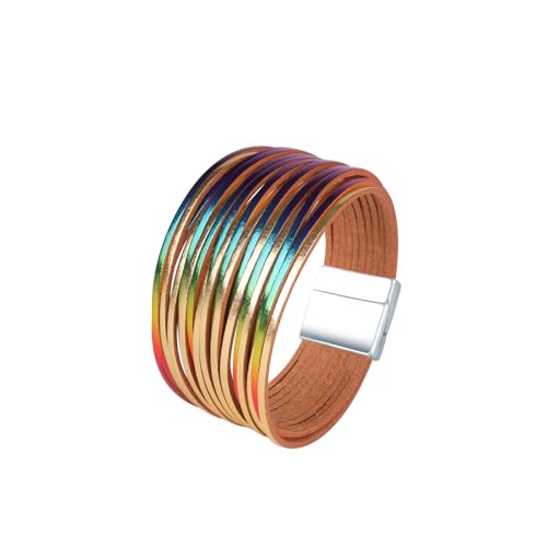Viwind Lederarmband Damen Mädchen Boho Armband Damen Leder Mehrschichtig Armbänder Magnetverschluss Kette Frauen Armband Wickelarmband Freundschaftsarmbänder (Regenbogengold) von Viwind