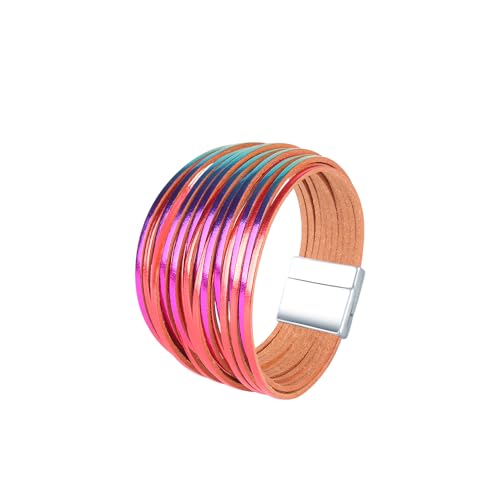 Viwind Lederarmband Damen Mädchen Boho Armband Damen Leder Mehrschichtig Armbänder Magnetverschluss Kette Frauen Armband Wickelarmband Freundschaftsarmbänder (Regenbogenrot) von Viwind