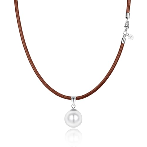 Viwind Perlen Leder Halskette für Damen Echtes Leder 45 cm 925er Silber Verschluss Anhänger Kette 12 mm runde Naturperle Muschelperle (Braun) von Viwind