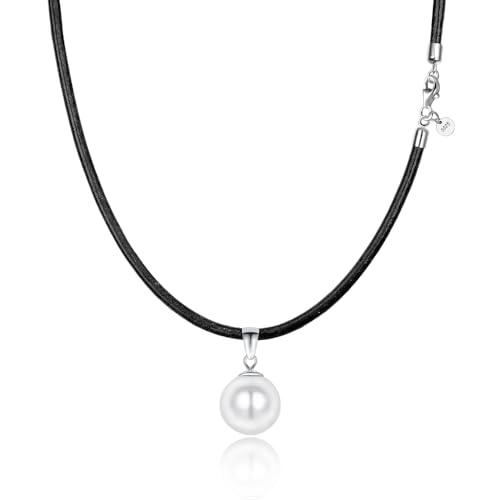 Viwind Perlen Leder Halskette für Damen Echtes Leder 45 cm 925er Silber Verschluss Anhänger Kette 12 mm runde Naturperle Muschelperle (Schwarz) von Viwind