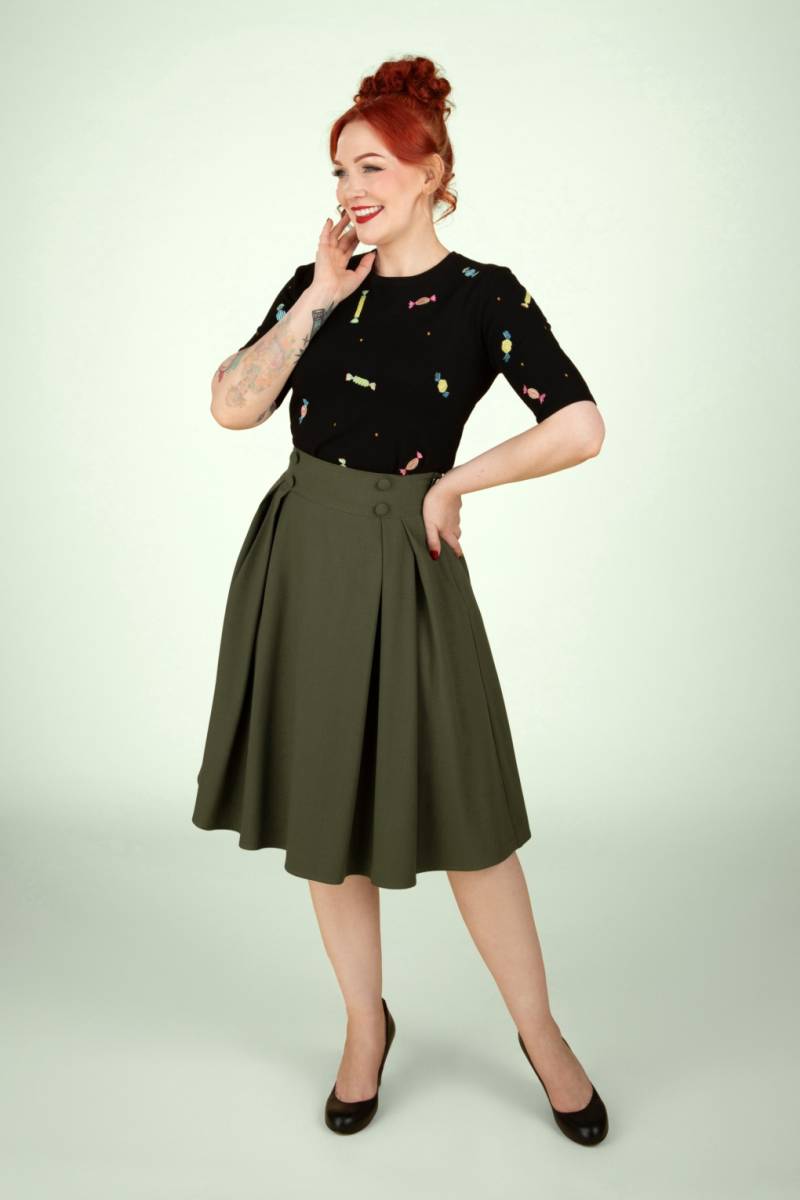 Dina Button Waist Rock in Olivgrün Dina Button Waist Rock in Olivgrün von Vixen