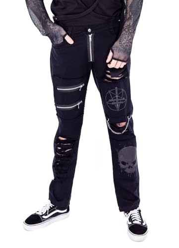 Vixxsin Hose Cursed Distressed Punk Slashed Gothic Pants Pentagramm Totenkopf, Größe:34 von Vixxsin