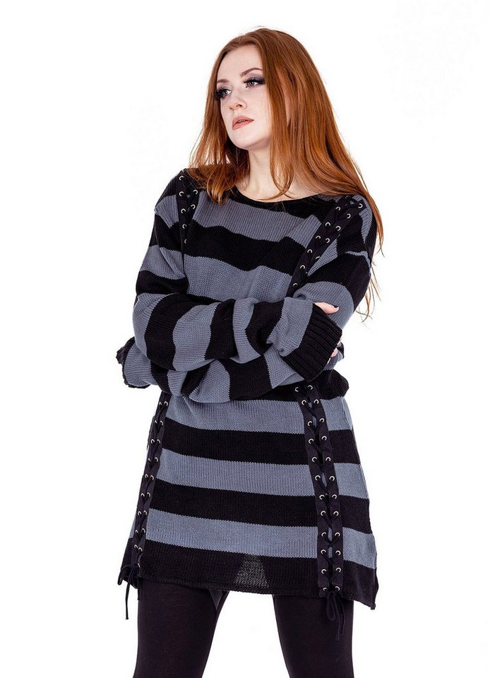 Vixxsin Longpullover Esmerelda Grau Strickpulli Pullover Gestreift Goth von Vixxsin