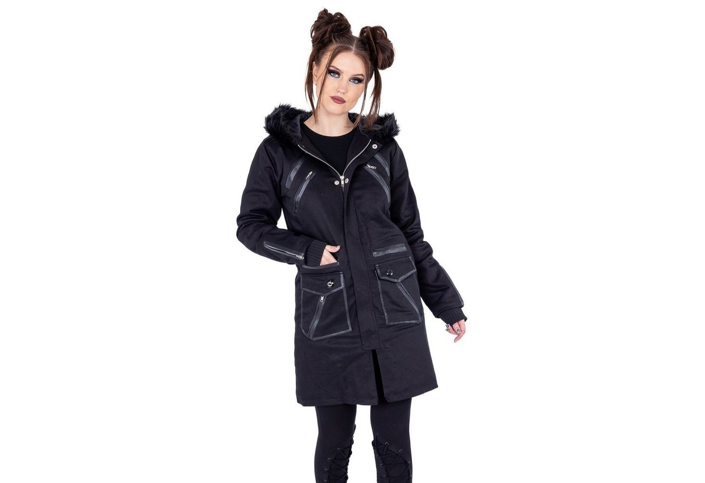 Vixxsin Parka Vida Jacke Gothic Metal Zipper Kurzmantel Kunstfellrand von Vixxsin