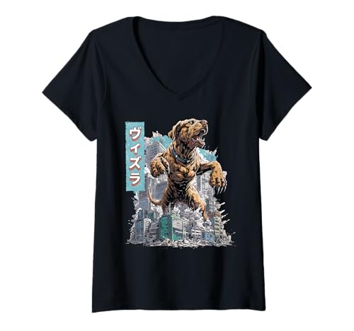 Damen Lustiger Vizsla Hund Kaiju Monster Japanisch T-Shirt mit V-Ausschnitt von Vizsla Dog Kaiju Monster Clothing
