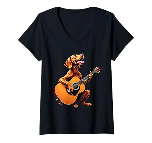 Damen Vizsla Vizsla, Design: Lustiger Hund, Gitarre T-Shirt mit V-Ausschnitt Damen Vizsla Vizsla, Design: Lustiger Hund, Gitarre T-Shirt mit V-Ausschnitt von Vizsla Dog Lovers Designs