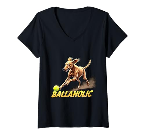 Damen Lustiger Ballaholischer ungarischer Pointerhund, der Vizsla Ball jagt T-Shirt mit V-Ausschnitt Damen Lustiger Ballaholischer ungarischer Pointerhund, der Vizsla Ball jagt T-Shirt mit V-Ausschnitt von Vizsla Fun Designs