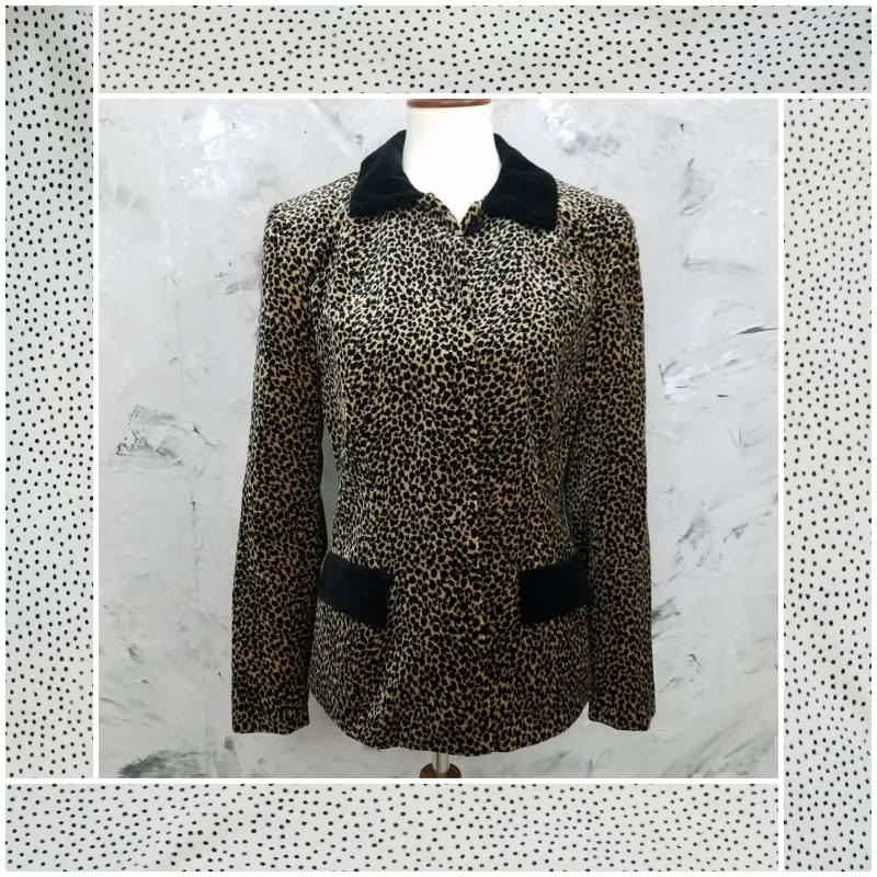 Jeffrey Halper Cheetah Print Samt Jacke - Vintage Gepard Blazer Zip Up Tier Mantel von VizziVique