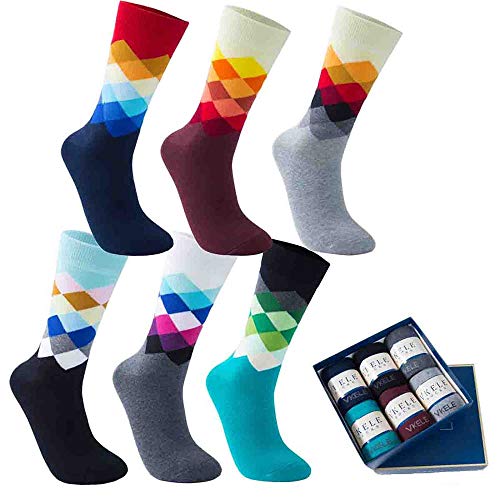 Vkele 6 Paar einfarbige Socken Geschenkpack, kariert, bunt, punkte, gestreift, Business Herrensocken, Crew Socken, Baumwolle, Gr. 39-46, 39-42, Kariert Ⅰ von Vkele