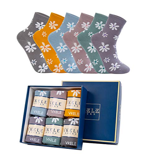 Vkele Damen Socken in Geschenkverpackung Kamille bunte socken Knöchelsocken 39-42 süße socken orange rose pink grau grün blumen farbige socken 6 Paar von Vkele