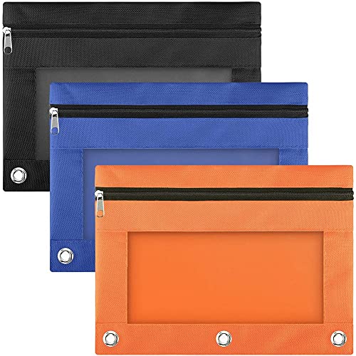 Vklopdsh Federmäppchen für 3-Ringbücher, Doppelreißverschluss, Netzfenster für Schulen und Büros, 3 Stück, Schwarz, Blau und Orange von Vklopdsh