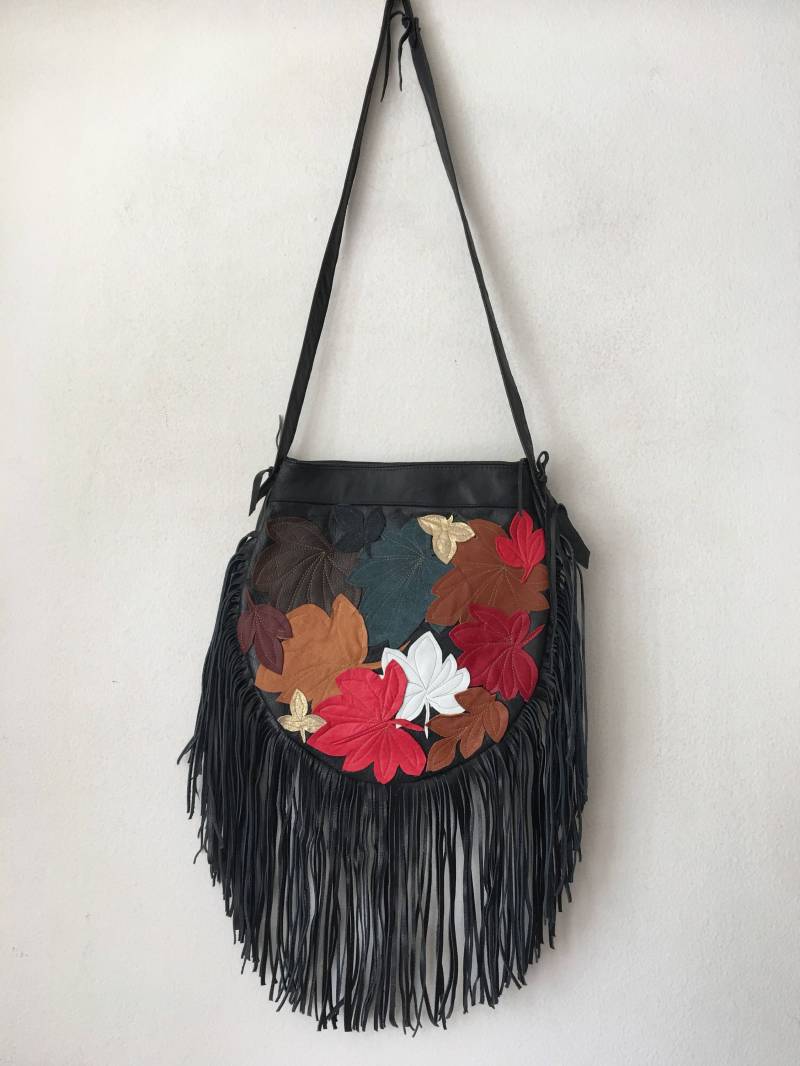 Damen Leder Handarbeit Handtasche Schwarz Farbe Mit Einem Langen Griff Fransen Und Original Details Hergestellt in Den Usa von VladVintage19