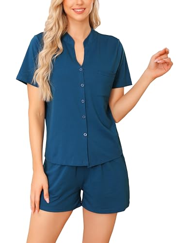 Damen Pyjama Schlafanzug Kurz Baumwolle Sommer Nachtwäsche V Aussschnitt mit Knöpfe und Taschen（L,Kobalt Blau） von Vlazom