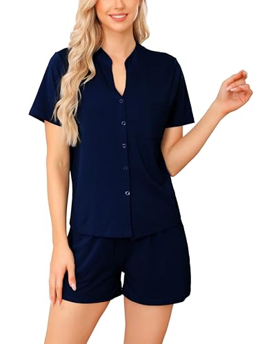 Damen Pyjama Schlafanzug Kurz Baumwolle Sommer Nachtwäsche V Aussschnitt mit Knöpfe und Taschen（M,Marine Blau） von Vlazom