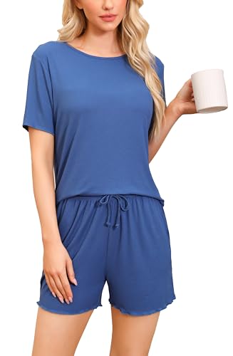 Vlazom Damen Schlafanzug Kurz Nachtwäsche Unifarbenes Pyjama-Set mit Rundhalsausschnitt mit Rüschensaum Sommer（M,Marine Blau） von Vlazom