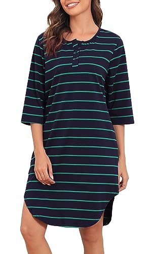 Vlazom 3/4 Ärmel Nachthemd V-Ausschnitt Damen Nachthemd mit Zwei Knöpfe Baumwolle Streifen Schlafhemd Damen Nachtwäsche mit Taschen(L,Stil A-grün+Marineblau) von Vlazom