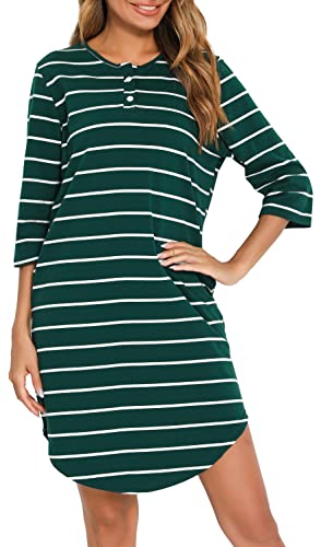 Vlazom 3/4 Ärmel Nachthemd V-Ausschnitt Damen Nachthemd mit Zwei Knöpfe Baumwolle Streifen Schlafhemd Damen Nachtwäsche mit Taschen(XL,Stil A-Grün) von Vlazom