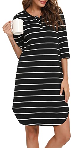 Vlazom 3/4 Ärmel Nachthemd V-Ausschnitt Damen Nachthemd mit Zwei Knöpfe Baumwolle Streifen Schlafhemd Damen Nachtwäsche mit Taschen(XXL,Stil A-Schwarz) von Vlazom