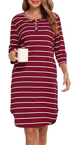Vlazom 3/4 Ärmel Nachthemd V-Ausschnitt Damen Nachthemd mit Zwei Knöpfe Baumwolle Streifen Schlafhemd Damen Nachtwäsche mit Taschen(L,Stil A-Weinrot) von Vlazom