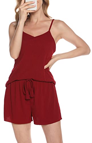 Vlazom Ärmellos Schlafanzug kurzes Pyjama Set mit Rippstreifen Sommer Hausanzug für Damen（L,Weinrot） von Vlazom