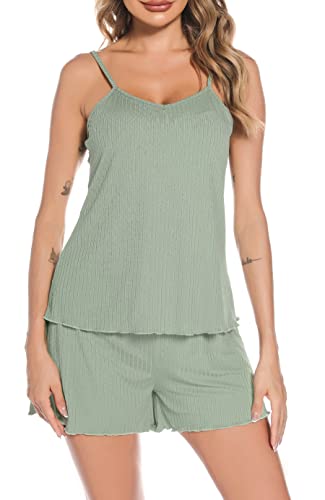 Vlazom Ärmellos Schlafanzug kurzes Pyjama Set mit Rippstreifen Sommer Hausanzug für Damen（M,Hellgrün） von Vlazom