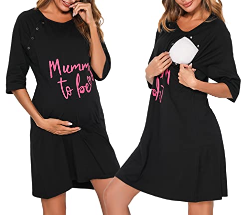 Vlazom Damen 3/4 Ärmel Umstandskleid Baumwolle Rundausschnitt Umstandskleidung mit Knöpfe Weiches（M,Stil C-Schwarz von Vlazom