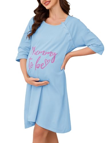 Vlazom Damen 3/4 Ärmel Umstandskleid Baumwolle Rundausschnitt Umstandskleidung mit Knöpfe Weiches（XL，Stil C-Hellblau） von Vlazom