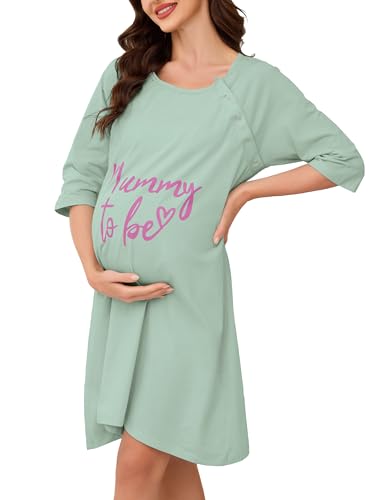 Vlazom Damen 3/4 Ärmel Umstandskleid Baumwolle Rundausschnitt Umstandskleidung mit Knöpfe Weiches（XL，Stil C-Hellgrün） von Vlazom