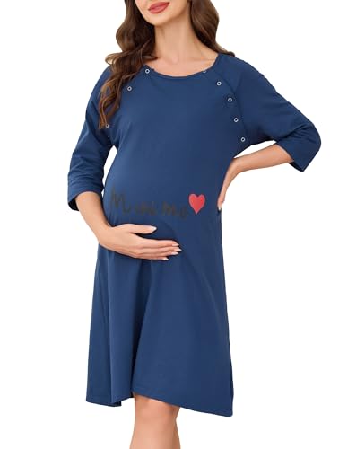 Vlazom Damen 3/4 Ärmel Umstandskleid Baumwolle Rundausschnitt Umstandskleidung mit Knöpfe Weiches（XL，Stil C-Kobaltblau） von Vlazom