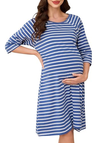 Vlazom Damen 3/4 Ärmel Umstandskleid Baumwolle Rundausschnitt Umstandskleidung mit Knöpfe Weiches（L，Stil C-Dunkelblau） von Vlazom