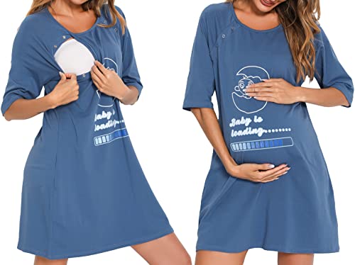 Vlazom Damen 3/4 Ärmel Umstandskleid Baumwolle Rundausschnitt Umstandskleidung mit Knöpfe Weiches（S,Stil C-Blau） von Vlazom