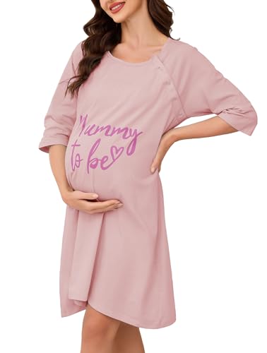 Vlazom Damen 3/4 Ärmel Umstandskleid Baumwolle Rundausschnitt Umstandskleidung mit Knöpfe Weiches（XL，Stil C-Fleischrosa） von Vlazom