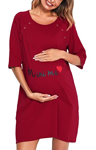 Vlazom Damen 3/4 Ärmel Umstandskleid Baumwolle Rundausschnitt Umstandskleidung mit Knöpfe Weiches（XL,Stil C-Rot） von Vlazom