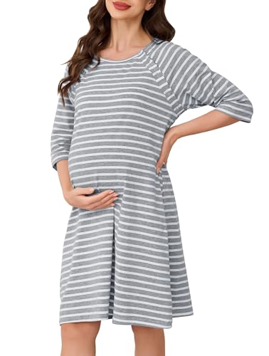 Vlazom Damen 3/4 Ärmel Umstandskleid Baumwolle Rundausschnitt Umstandskleidung mit Knöpfe Weiches（XXL，Stil C-Grau） von Vlazom