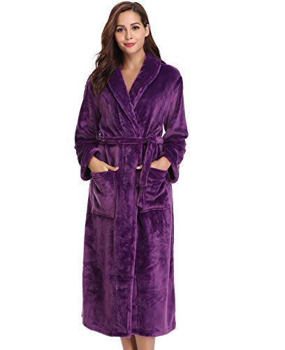 Vlazom Damen Bademantel Flanell Weiche Winter Bademantel Saunamantel Morgenmantel Lange Ärmel Hausmantel für Damen（M，Lila） von Vlazom