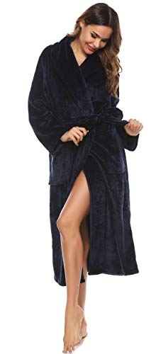 Vlazom Damen Bademantel Flanell Weiche Winter Bademantel Saunamantel Morgenmantel Lange Ärmel Hausmantel für Damen（M，Marineblau） von Vlazom