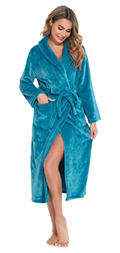 Vlazom Damen Bademantel Flanell Weiche Winter Bademantel Saunamantel Morgenmantel Lange Ärmel Hausmantel für Damen（XL，Pfauenblau） von Vlazom