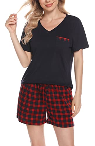 Vlazom Damen Kariert Schlafanzug kurz Zweiteiliges Pyjama Set Sommer Schlafanzug V-Ausschnitt Kurzarm Pyjama Set（L,Stil E-Weinrot） von Vlazom