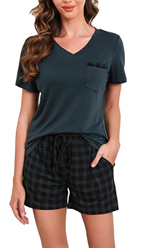 Vlazom Damen Kariert Schlafanzug kurz Zweiteiliges Pyjama Set Sommer Schlafanzug V-Ausschnitt Kurzarm Pyjama Set（M,Stil E-Dunkelgrün） von Vlazom