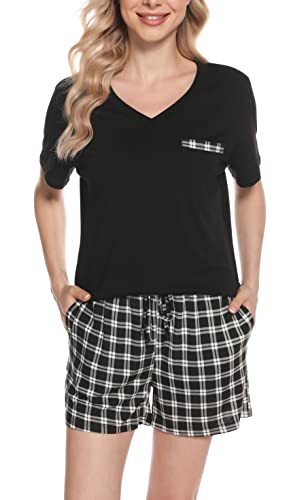 Vlazom Damen Kariert Schlafanzug kurz Zweiteiliges Pyjama Set Sommer Schlafanzug V-Ausschnitt Kurzarm Pyjama Set（M,Stil E-Schwarz） von Vlazom