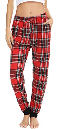 Vlazom Damen Karierte Schlafanzughose Lange Weich Pyjamahose für Frauen Loungehose Freizeithose Yogahose Sporthose mit Taschen(XXL,Rot) von Vlazom