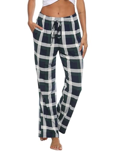 Vlazom Damen Karierte Schlafanzughose Lange Weich Pyjamahose für Frauen Loungehose Freizeithose Yogahose Sporthose mit Taschen(L,A Stil-Grün) von Vlazom