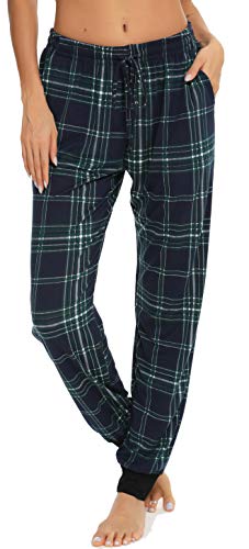Vlazom Damen Karierte Schlafanzughose Lange Weich Pyjamahose für Frauen Loungehose Freizeithose Yogahose Sporthose mit Taschen(S,Dunkelblau) von Vlazom