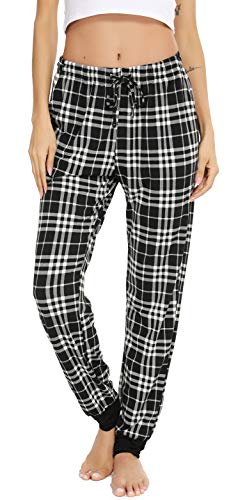Vlazom Damen Karierte Schlafanzughose Lange Weich Pyjamahose für Frauen Loungehose Freizeithose Yogahose Sporthose mit Taschen(S,Schwarz) von Vlazom