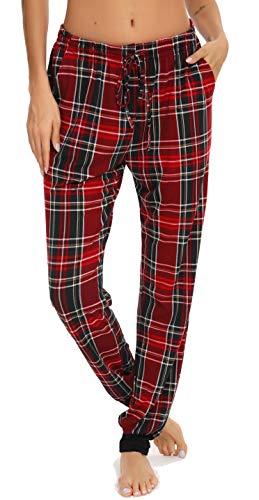 Vlazom Damen Karierte Schlafanzughose Lange Weich Pyjamahose für Frauen Loungehose Freizeithose Yogahose Sporthose mit Taschen(XL,Weinrot) von Vlazom