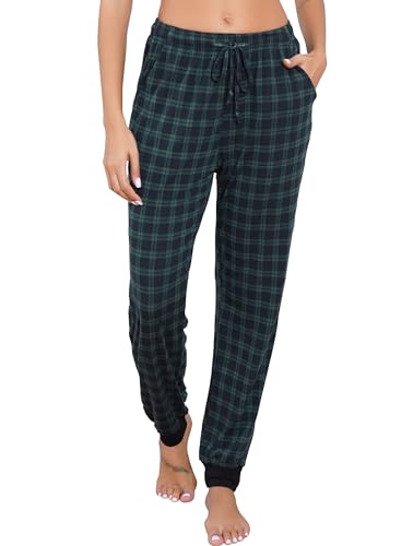 Vlazom Damen Karierte Schlafanzughose weich Pyjamahose für Frauen Jogginghose Lange blickdicht Sporthose（M，Dunkelgrünes Karo） von Vlazom