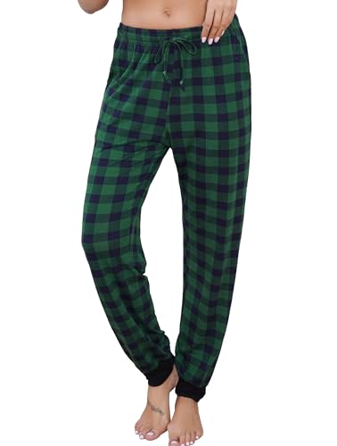 Vlazom Damen Karierte Schlafanzughose weich Pyjamahose für Frauen Jogginghose Lange blickdicht Sporthose（XL，Grün Marineblau Karo） von Vlazom