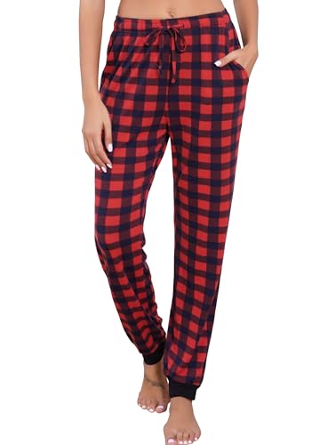 Vlazom Damen Karierte Schlafanzughose weich Pyjamahose für Frauen Jogginghose Lange blickdicht Sporthose（XL，Rot Marineblaues Karo） von Vlazom