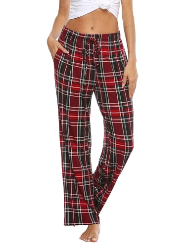 Vlazom Damen Karierte Schlafanzughose Lange Weich Pyjamahose für Frauen Loungehose Freizeithose Yogahose Sporthose mit Taschen(XXL,A Stil-Weinrot) von Vlazom